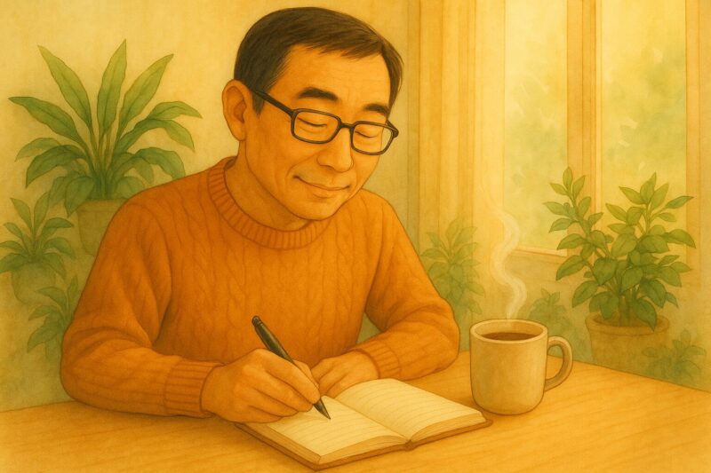 先ほどと同じ眼鏡をかけた中年の日本人男性が、湯気の立つカップを傍らに置き、静かにノートに書き物をしている。部屋は豊かな緑に囲まれ、差し込む陽光が、静かで思索的な雰囲気を醸し出している。