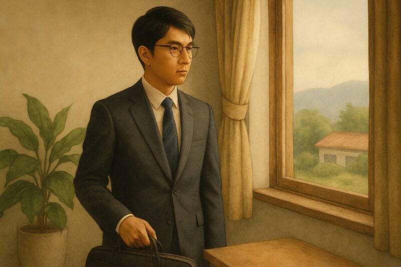 スーツを着た若い日本人男性が、田園風景を望む窓辺にビジネスバッグを持って立っている。鉢植えの植物が置かれた質素な田舎の家で、仕事の準備をしているかのように、真剣な表情で、少し緊張している。