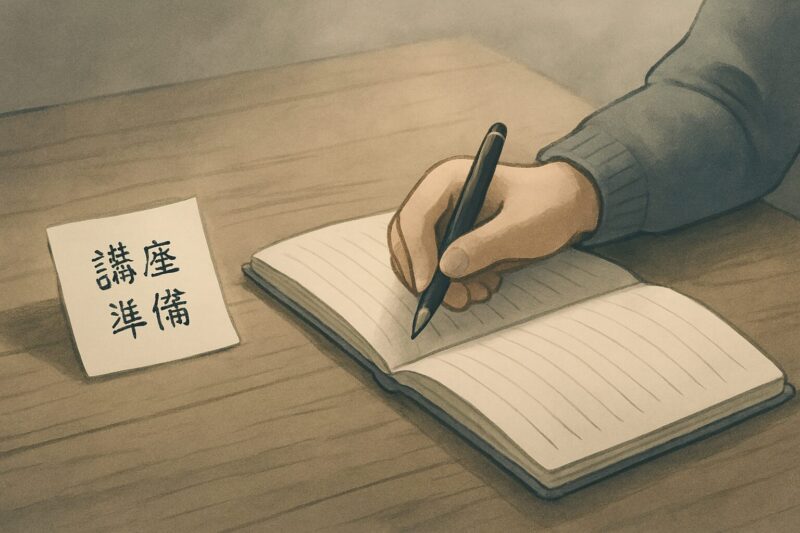 木の机の上に置かれたノートに、右手でペンを走らせる人物の手元。「講座準備」と書かれたメモ用紙が横に置かれている。