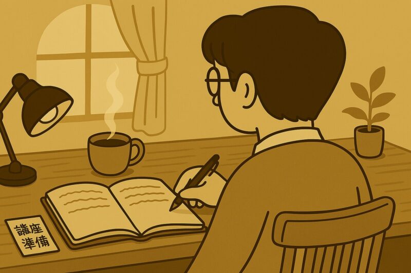 眼鏡をかけた人物が、温かみのある部屋で「講座準備」と書かれた紙を横に置き、ノートにペンを走らせている様子。朝の光が差し込む静かな書斎。