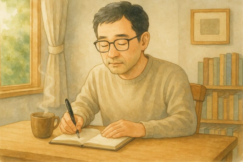 眼鏡をかけた男性が明るい朝の光が差し込む部屋でノートに向き合い、静かにジャーナリングをしている様子。