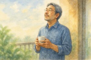 ベランダでコーヒーを手に持ち、朝の空を見上げる中年男性の水彩画風イラスト