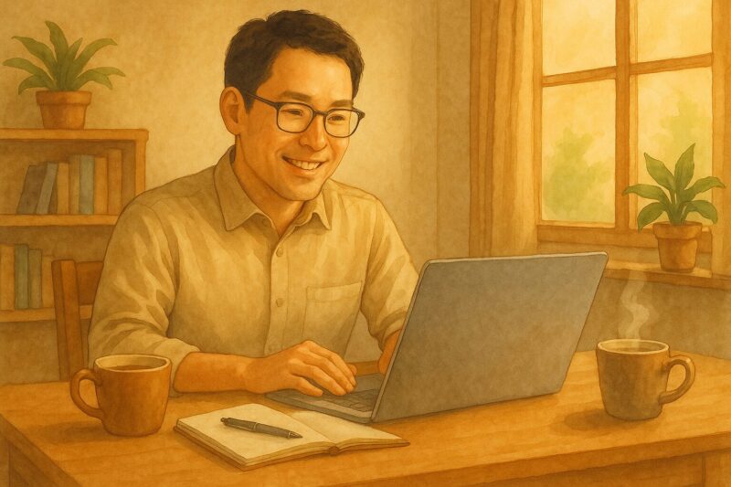 温かい部屋の中でパソコンに向かい、笑顔で作業をする眼鏡の中年男性の水彩画風イラスト