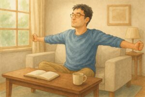 朝のリビングでソファに座り、目を閉じて深呼吸するメガネをかけた30代後半の男性。前にはノートとコーヒー。