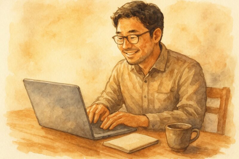 メガネをかけた30代後半の男性が朝の光の中で笑顔でノートPCに向かい、手元にはノートとコーヒーがある。