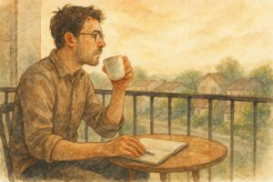 ベランダで朝の光を浴びながら、ノートを前にコーヒー片手に物思いにふけるメガネの男性。