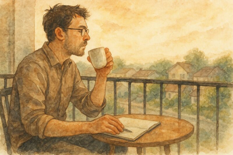 ベランダで朝の光を浴びながら、ノートを前にコーヒー片手に物思いにふけるメガネの男性。