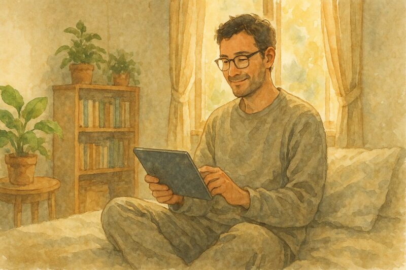 柔らかな朝日が差し込む寝室で、パジャマ姿の男性がタブレットを見ながら微笑んでいる様子。