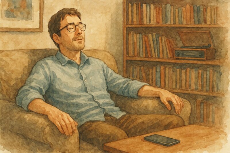 スマホを手放して目を閉じ、ソファでくつろぐ男性。背後には本棚とレコードプレーヤーがあり、生活感のある落ち着いた部屋。