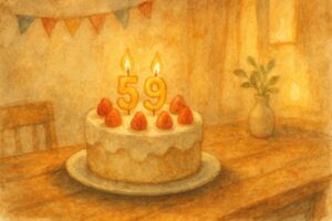 　「59」のロウソクが立てられたバースデーケーキがテーブルに置かれている、あたたかみのある室内風景