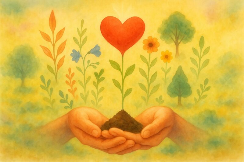 両手に包まれたひと粒の種から芽が伸び、花やハートなどさまざまなカタチに育っている様子