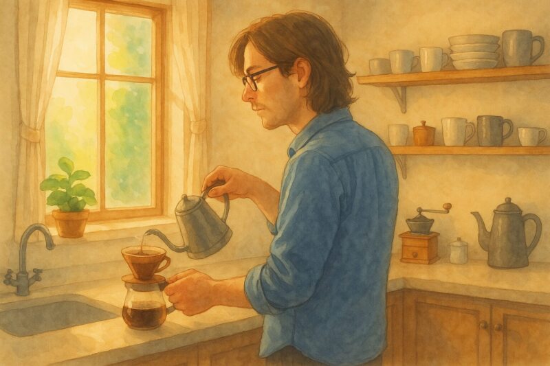 朝の光が差し込むキッチンで、丁寧にコーヒーを淹れている眼鏡の若い男性の水彩画風イラスト