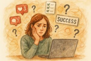 パソコンの前で疲れた表情の女性。頭を片手で支え、成功や質問のアイコンが頭上に浮かび、情報過多に悩んでいる様子。