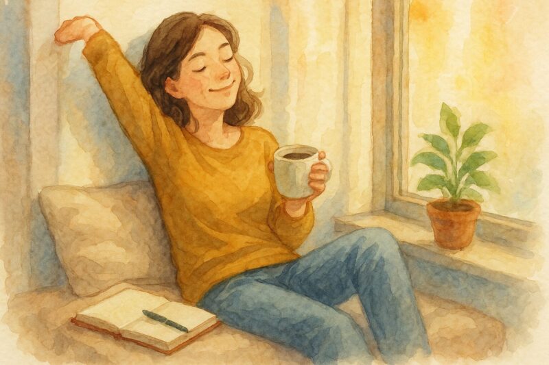 ソファでリラックスし、窓の外の景色を眺めながらコーヒーを飲む女性。気持ちよく伸びをしている。