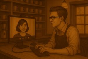 オンラインカフェの店主風の男性が、パソコン画面越しに女性とビデオ通話で穏やかに話している。棚にはたくさんのマグカップが並び、温かく落ち着いた雰囲気のカフェ店内。